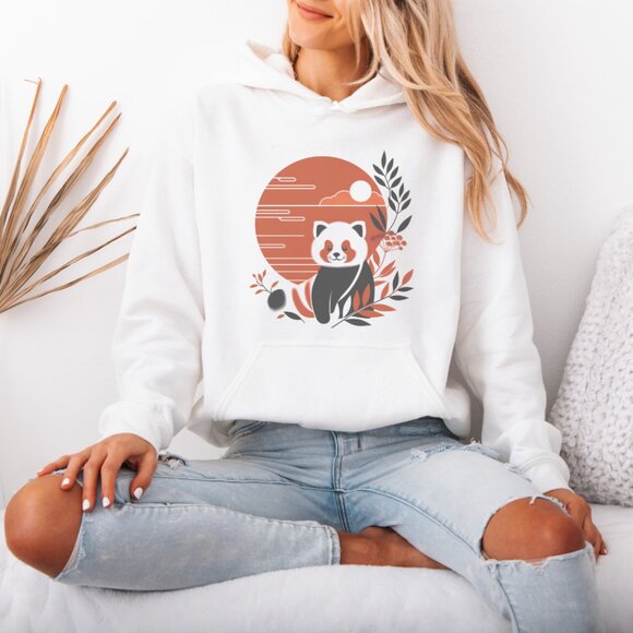Red Panda Hoodie Cute Nature Graphic Sweatshirt With Sunset Design - Picture 2 of 5